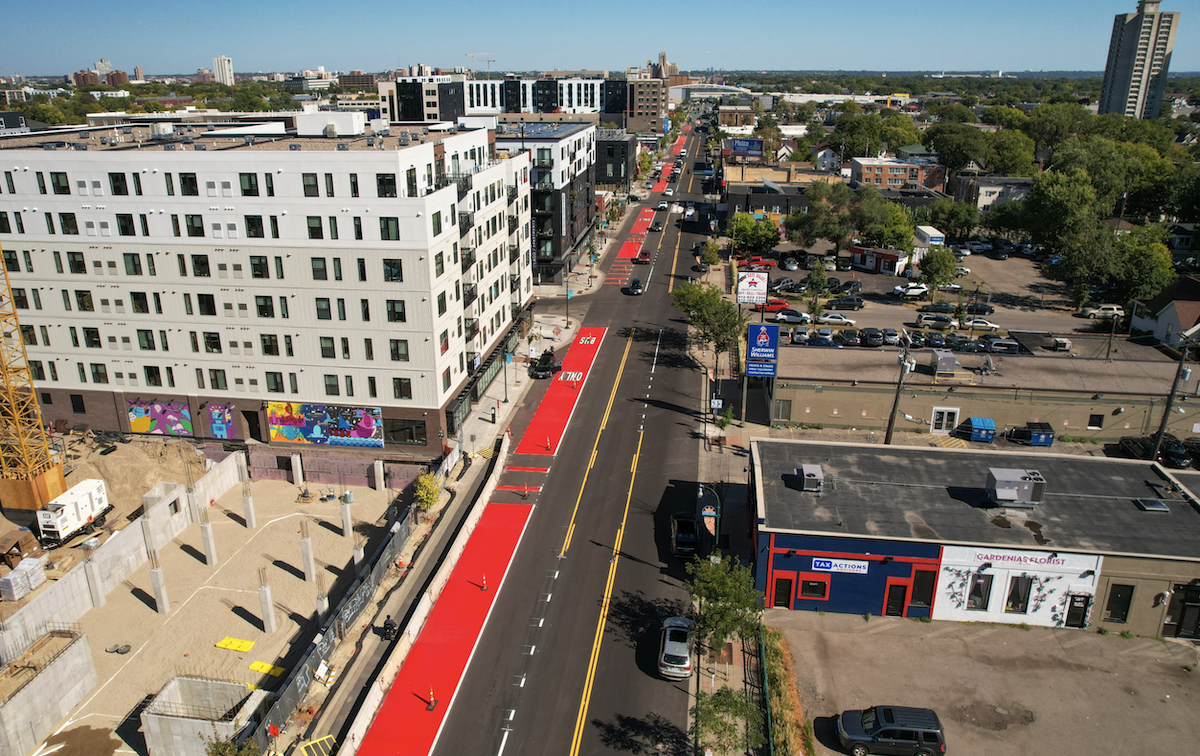 Image of bus only lane, aerial view.