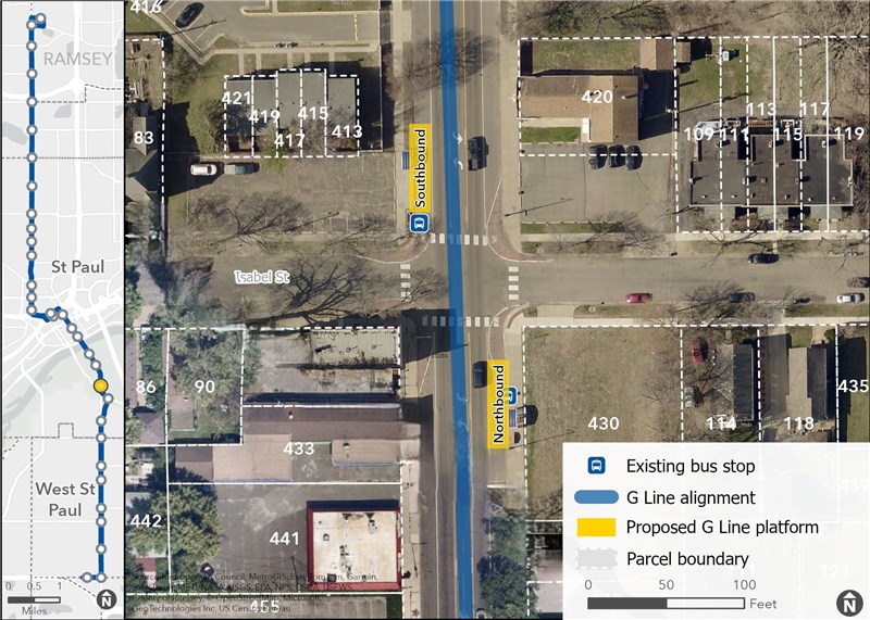 Arial image of Robert & Isabel Station with building addresses in the area