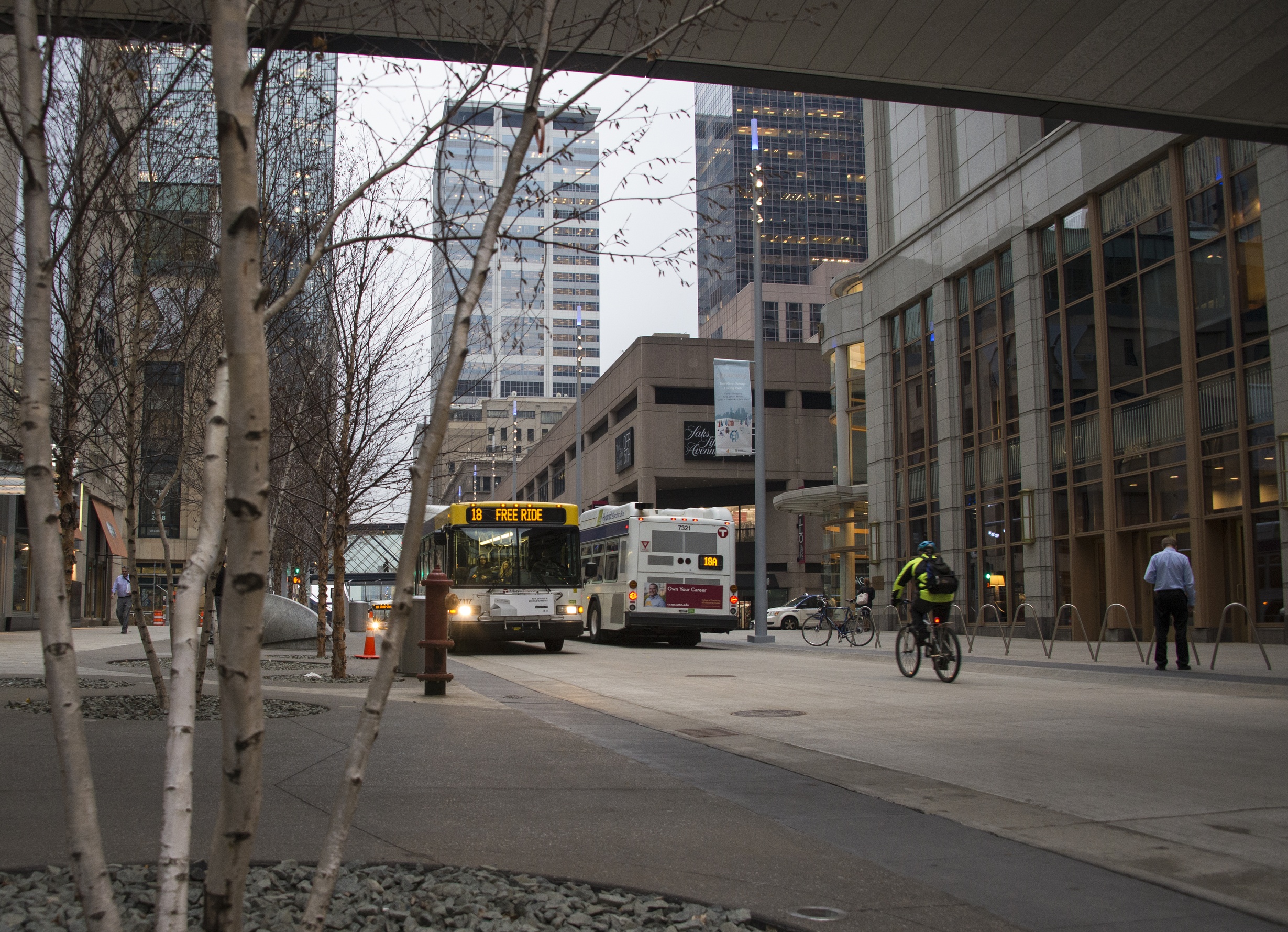 Buses traveling on Nicollet Mall in downtown Minneapolis. 