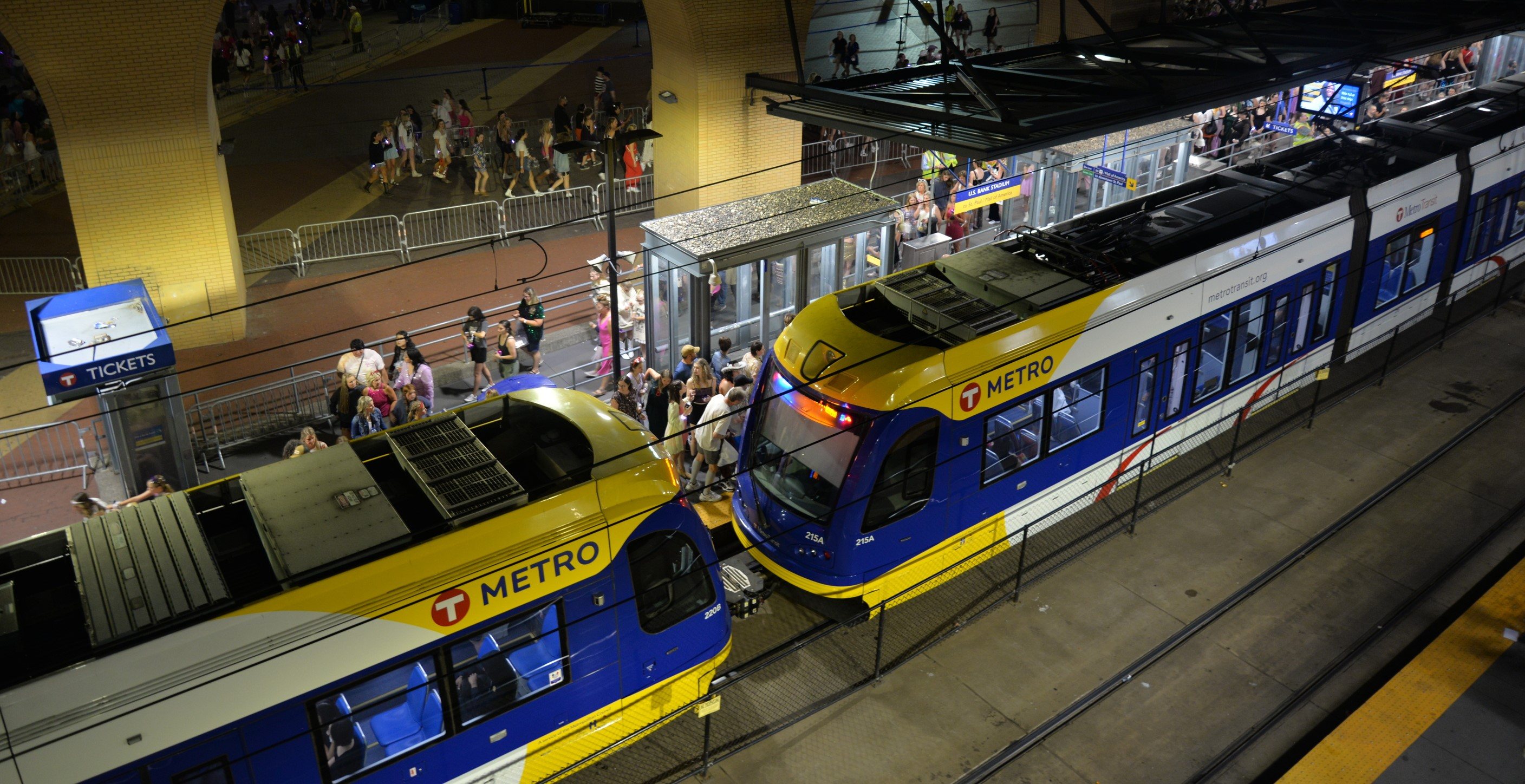 Fans exiting U.S. Bank Stadium board a light rail vehicle. 