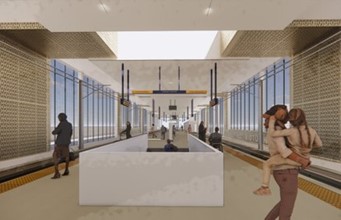 Current platform approach from the stairs and elevator, with many panes of glass blocking views." "Proposed platform approach with a full canopy and windscreen on the outside of the light rail tracks, with open sightlines down the platform.