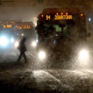 Photo of buses in a snowstorm